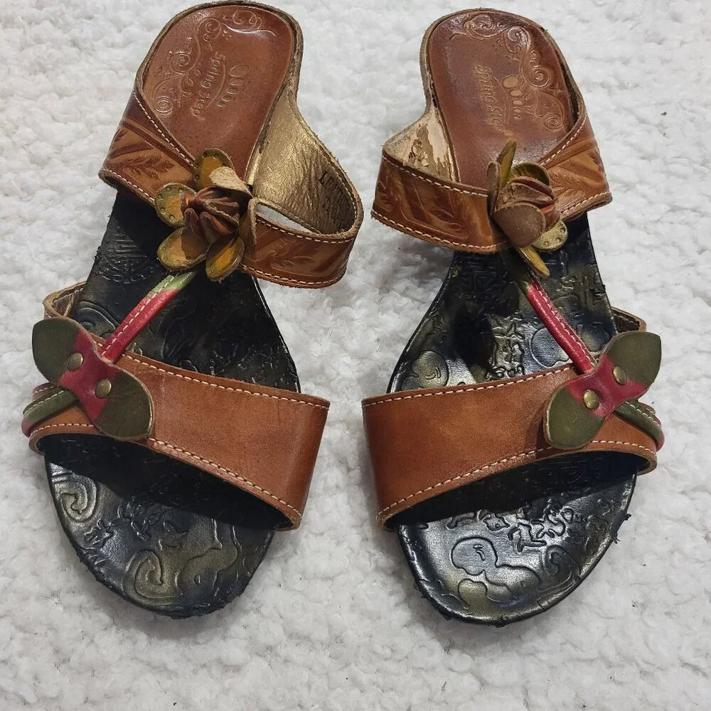 Spring Step Floral Leather Wedge Sandals Tropic  Size 38  US 7.5